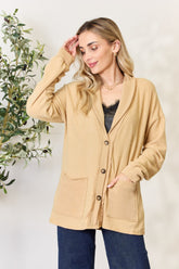 Heimish Women's Shawl Collar Long Sleeve Button-Up Cardigan with Puff Sleeves